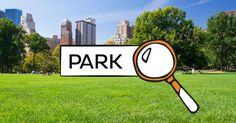 a magnifying glass with the word park under it in front of a cityscape