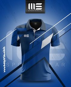 a blue polo shirt with white and black stripes on the chest, in front of an ad for sportwear