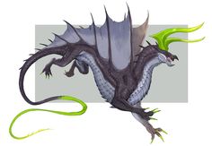 a black and white dragon with green tail sitting on top of it's back legs