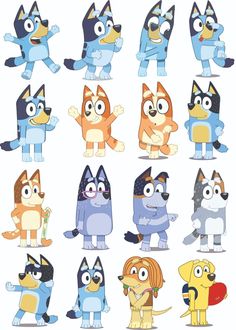 various cartoon characters with different expressions on their faces and body parts, all in blue and orange colors