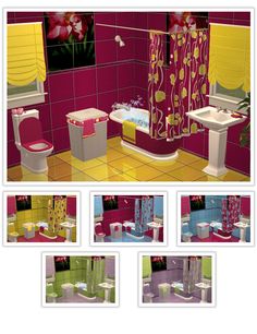 the bathroom is decorated in pink, yellow and green