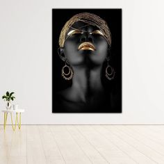 African Wall Art, Gold African Woman, Woman Wall Art, Gold Lip Woman Canvas, African Woman Canvas, Black Woman Canvas, Woman Art African Canvas Wall Art is handmade by me so if you have any special size or design, please feel free to contact to me This Canvas wall art tress is a canvas print using the highest quality fade resistant ink guarantees perfect color and it is easy to hang. Canvas paintings are magnificent products that will change the atmosphere of your home and workplace. These canva Woman In Gold, African Wall Art, Detailed Paintings, Gold Lips, Gold Glam, Magic Art, African Women, Medium Art, Woman Face