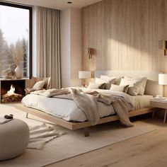 a bedroom with a large bed and wooden walls