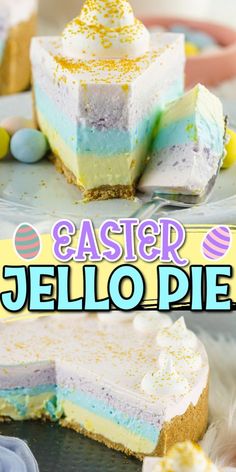 an easter jello pie on a plate with the title overlay that reads, easter jello pie