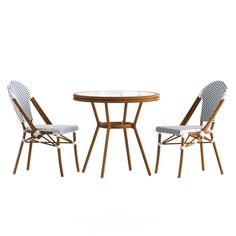 three chairs and a table are shown in this image, with one chair up against the table