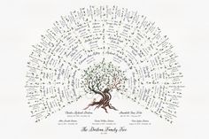 a family tree is shown with names in the shape of a heart and leaves on it