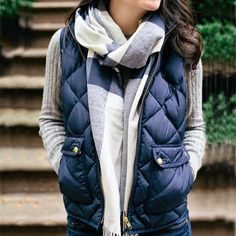 Casual Fashion Pure Color Stand Up Collar Pocket Cotton Vest Puffer Vest Outfits For Women, Puffer Vest Outfits, Vest Outfits For Women, Comfy Outfits Winter, Vest Outfit, Sleeveless Coat, Blue Vest, School Looks