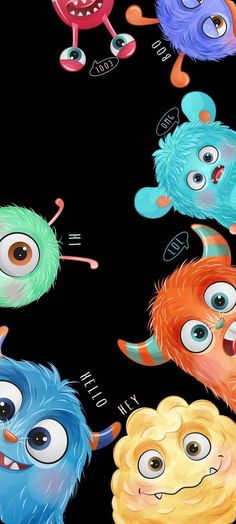 four cartoon monsters with different eyes and hair on black background, all looking at the same direction