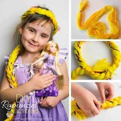 a collage of photos showing how to make a braided doll headband with hair