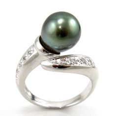 Absolutely gorgeous 100% authentic fine quality Tahitian black pearl ring in 925 sterling silver Pearl: 100% authentic fine quality Tahitian black pearl Pearl shape: slight tear drop Pearl measurement: 9-10mm in diameter, 10-11mm in length Luster: high Color: all natural black with possible green or silver overtone (not dyed or treated) Nacre: greater than 0.8mm required by Tahiti law Metal: 925 sterling silver at 4.25 grams Stone: 10 sparkling CZs Size: selectable (5, 5.5, 6) Actual pearl may v Formal Black Tahitian Pearl Ring, Anniversary Black Tahitian Pearl Ring, Black Pearl Ring, Tahitian Pearl Earrings, Akoya Pearl Earrings, Tahitian Black Pearls, Leather Corded Necklace, Yellow Gold Pendants, Black Pearl