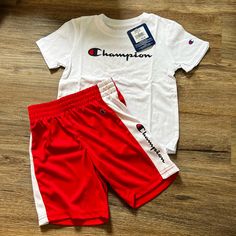 Boy Champion Set. Brand New. Shorts & Shirt Size 4 Z Red Cotton Short Sets, Casual Red Crew Neck Sets, Casual Red Cotton Sets, White Cotton Playwear Shorts, White Short Top For Playwear, Red Crew Neck Sets With Letter Print, Red Cotton Shorts For Playwear, Red Letter Print Crew Neck Set, Red Cotton Playwear Shorts