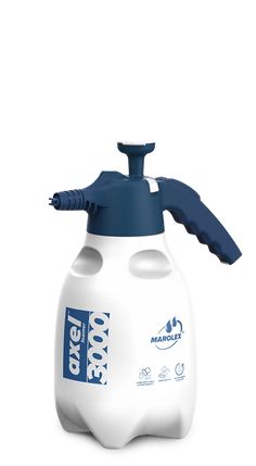 a white and blue spray bottle with a black trigger on it's top is shown