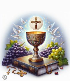 a painting of a chalice on top of a book with grapes and birds around it