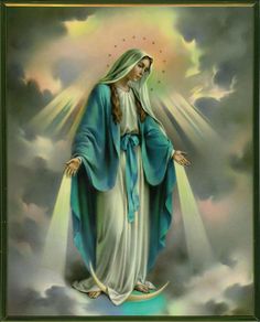 an image of the immaculate mary in blue and white robes with clouds behind her,