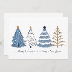 three christmas trees on a white background with merry and happy new year