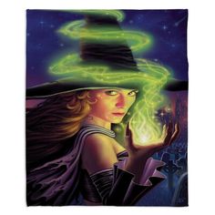 a painting of a woman wearing a witches hat and holding a magic wand in her hand