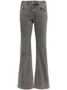 grey cotton flared design classic five pockets front button and zip fastening Grey Flared Jeans, Cotton Jeans, Yoko London, Jeans Grey, City Dress, Iconic Bags, Grey Jeans, Summer Beach Wear, Denim Flares