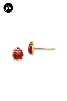 14k yellow gold children's ladybug stud earrings with multi-color enamel and polished finish. Measures approximately 3/16"L x 1/4"W and have post and push back closures. Gold Enamel, Post Earrings, Multi Color, Yellow Gold, Stud Earrings, Yellow, Gold, Color