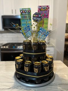 a cake made to look like a stack of beer cans