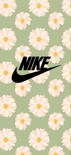 the nike logo is surrounded by daisies on a green background with white and yellow flowers