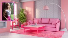 a living room filled with pink furniture and decor