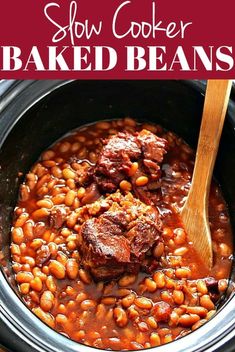 slow cooker baked beans in a crock pot with text overlay that reads slow cooker baked beans