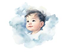 a watercolor painting of a baby in the clouds with his eyes closed and head tilted to the side