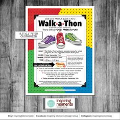 a flyer for the walk at thon event with colorful shoes on it and an arrow pointing