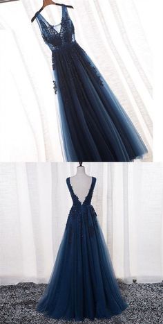 WD0686,A-Line V-Neck Navy Blue Long Prom Dress with Appliques on Storenvy Navy Blue Prom Dress Long, Blue Tulle Prom Dress, Navy Blue Prom Dress, Navy Blue Prom Dresses, Prom 2020, Beaded Prom Dress, Backless Prom Dresses, Evening Dress Fashion, Grad Dresses