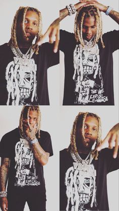 four pictures of a man with dreadlocks on his head and wearing a t - shirt