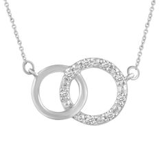 Double Circle 1/10 Cttw CZ Pendant Necklace set in 925 Sterling Silver Measurements Chain: 18" (extender at 16”) Metal Characteristics Metal: 925 STERLING SILVER stamped Solid Metal: Yes Plating: Rhodium Finish: High Polish Nickel-free: Yes Lead-free: Yes Cadmium-free: Yes Chain type: Cable Lock type : Spring lock Stone Characteristics Type: Cubic Zirconia Total weight: 1/10 Ctw Total number of stones: 8 Stone shape: Round Good to Know Country of origin: India Gift box included Silver Diamond Necklace For Anniversary, Anniversary Sterling Silver Necklace With Adjustable Chain, Sterling Silver Necklaces With Diamond Accents, Silver Diamond Necklace For Mother's Day, Mother's Day Silver Diamond Necklace, Silver Cubic Zirconia Diamond Necklace For Mother's Day, Silver Diamond Pendant Necklace For Mother's Day, Sterling Silver Diamond Pendant Necklace, Mother's Day Sterling Silver Pendant Diamond Necklace