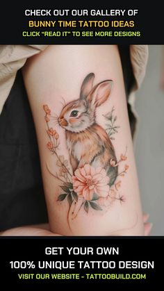 a rabbit tattoo on the arm with flowers and leaves around it, is shown in this ad