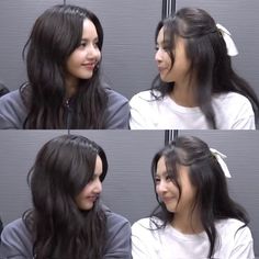 four pictures of a woman with long dark hair, smiling and wearing a bow in her hair