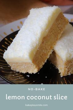 two pieces of cake sitting on top of a black and white plate next to each other