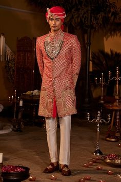 Red sherwani embellished with gota lace, kasab and sequin embroidery. Paired with a pant. - Aza Fashions Red Sherwani, Sequin Embroidery, Lace Silk, Sequins Embroidery, Band Collar, Red Silk, Pant Set, Embroidered Silk, Aza Fashion