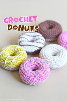 crochet donuts with sprinkles are shown in different colors and sizes