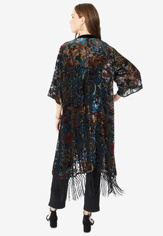 Whimsigoth Fashion, Velvet Fringe Kimono, Velvet Fringe, Velvet Kimono, Fringe Kimono, Burnout Velvet, Woman Within, Swimsuits For All, Kimono Jacket