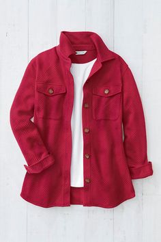 This crossover style makes an impression with chevron-patterned texturing and a soft, drapey feel. Lighter weight makes it perfect for casual layering. | Women's Soft Impressions Shirt Jacket Top - Dover Red - XL Sassy Fashion, Corduroy Jacket Womens, Dyt Type 4, Boyfriend Jacket, Big Shirt, Winter Styles, Knit Denim, Travel Clothes, Dressing Your Truth