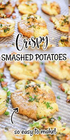 Crispy smashed potatoes on sheet pan topped with garlic, herb butter. Mashed Golden Potatoes With Skin, Roasted Potatoes Smashed, Smashed Golden Potatoes In Oven, Roasted Smashed Potatoes In Oven, Smashed Golden Potatoes, Golden Potato Recipes, Potatoes Oven, Creamer Potatoes, Smashed Potatoes Recipe