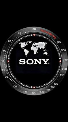 the sony logo on top of a black clock with a world map in the middle