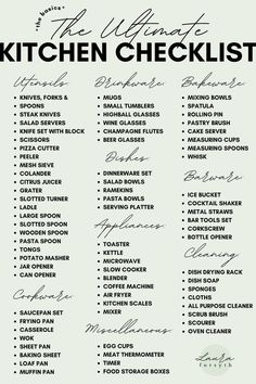 the ultimate kitchen checklist is shown in black and white