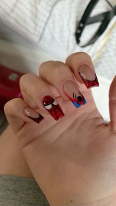 Spiderman Nail Art, Themed Nails, Retro Nails, Cute Acrylic Nail Designs, Unique Acrylic Nails, Acrylic Nails Coffin Short