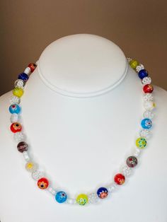 Millefiori Necklace / Italian Necklace / Multicolored Flower Necklace / Round Flower Beads Yellow Flower Necklace, Murano Jewelry, Italian Necklace, Flat Beads, Murano Glass Necklaces, Multi Coloured Necklaces, Beaded Jewlery, Round Flower, Gold Bead Necklace