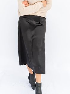 This Myla skirt is a unique combination of comfort and style. Featuring an elastic waistband and side zipper for a secure fit, in a luxurious Silky Satin fabric. Modest and flattering A-line midi length, with a true size that sits higher on the waist, or size up for a lower fit. Perfect for any special occasion! True size wear higher on waist, size up to wear lower on hips 96% Polyester, 4% Spandex Imported Elastic waist band w/side zipper Model Lyubov is wearing size Medium. See model measureme Palmer Alaska, Satin Midi Skirt, Waist Band, Satin Fabric, Model Measurements, Waist Size, Large Black, Midi Length, Side Zipper