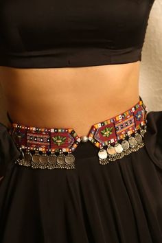 Multicolor kamarbandh style belt with thread embroidery, mirror work and coin drops. Type: Organically Dyed Beads, Mirrors, Anchor and Resham Threads Composition: Metal Elements, Fabric and Canvas Color: Multi Color Size W (inch): 2.76 Weight (gms): 110 Note: The earrings and necklace worn by the model are not for sale - Aza Fashions Embroidery Mirror Work, Embroidery Mirror, Navratri Dress, Navratri Chaniya Choli, Traditional Indian Dress, Traditional Indian Outfits, Designer Dresses Casual