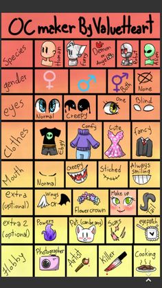 an image of a poster with words and pictures on it that say oc maker by violet heart