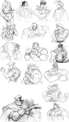 some sketches of different poses and expressions for the character from street fighter 3, which is drawn