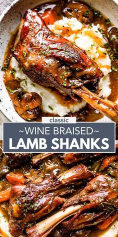 lamb shanks with mashed potatoes and gravy in a white bowl