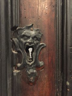 an old wooden door with a metal knockle on it's face and mouth