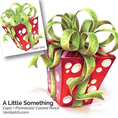 a drawing of a red gift box with green plants in it and a card that says, a little something